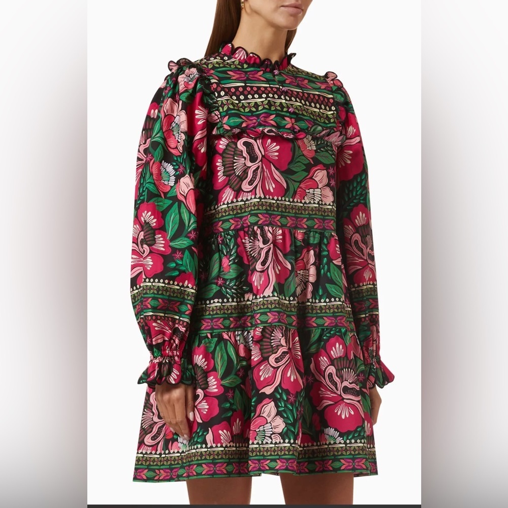 Farm Rio Black Flower Garden Organic Cotton Mini Dress medium